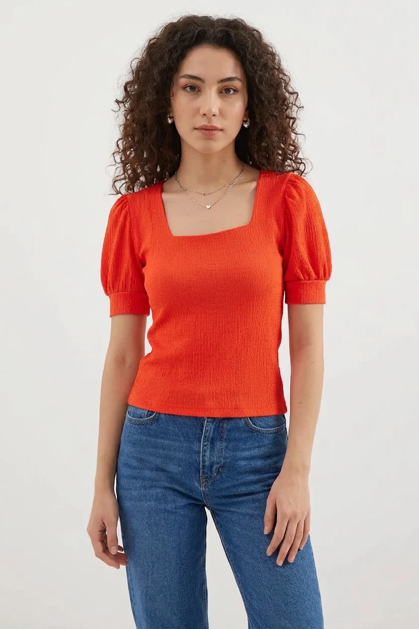  Kadın Kare Yaka Kısa Kol Kabarık Oranje Bluz 