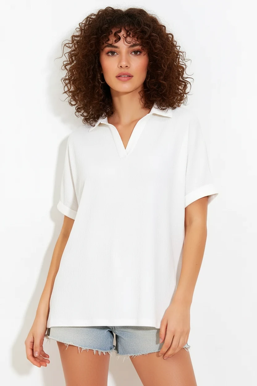  Kadın Polo Yaka Kısa Kol Oversize Beyaz Bluz 