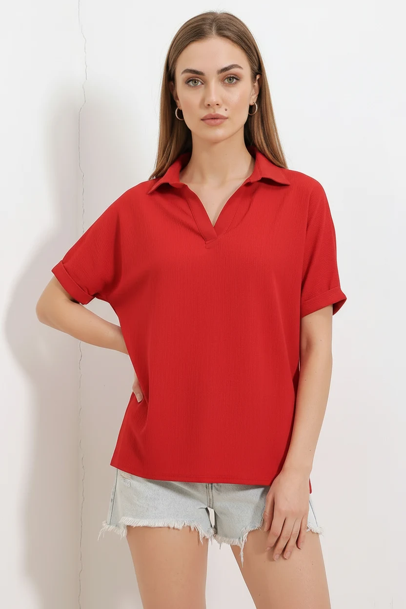  Kadın Polo Yaka Kısa Kol Oversize Kırmızı Bluz 