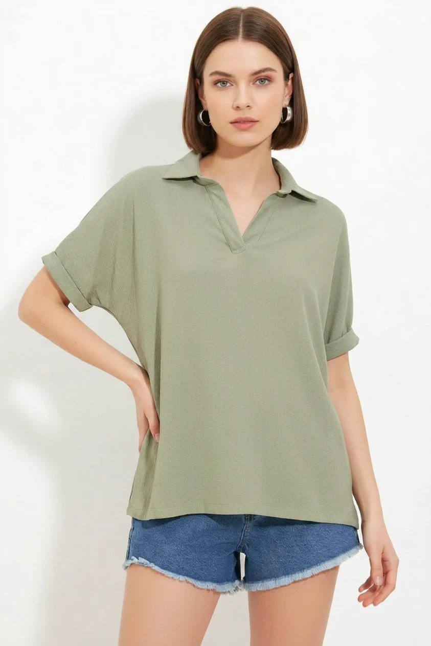  Kadın Polo Yaka Kısa Kol Oversize Çağla Yeşili Bluz 