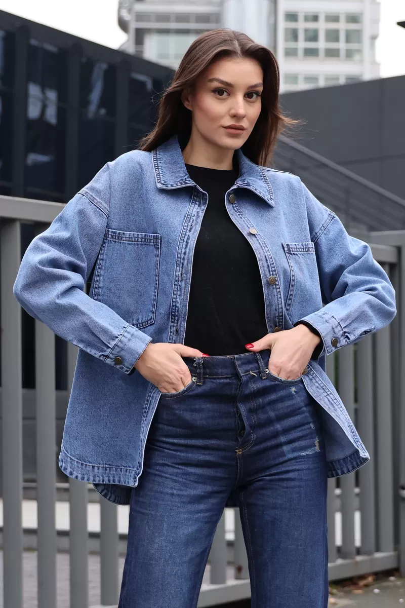  Kadın Gömlek Yaka Çift Cepli Oversize Pamuklu Koyu Mavi Ceket 