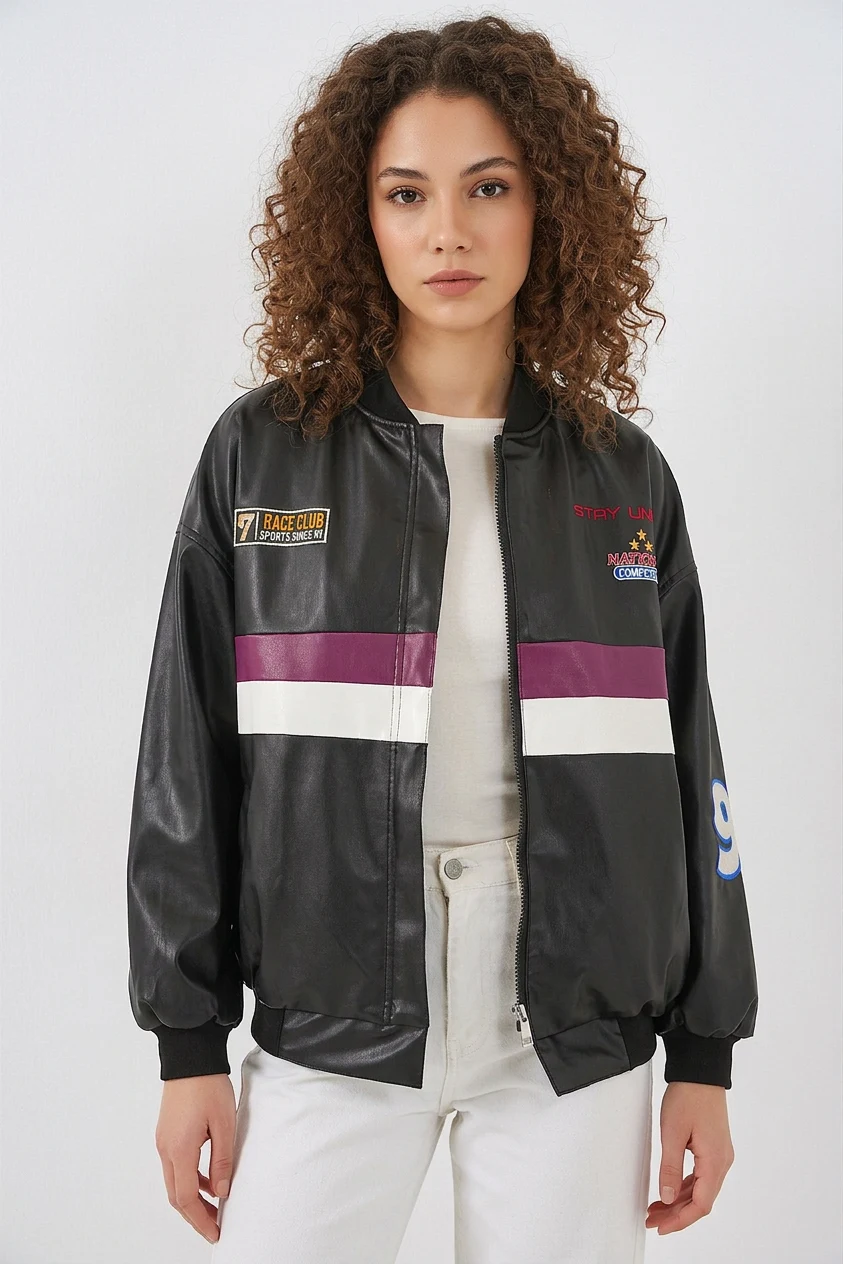  0698 Baskılı Suni Deri Bomber Ceket - Bordo 