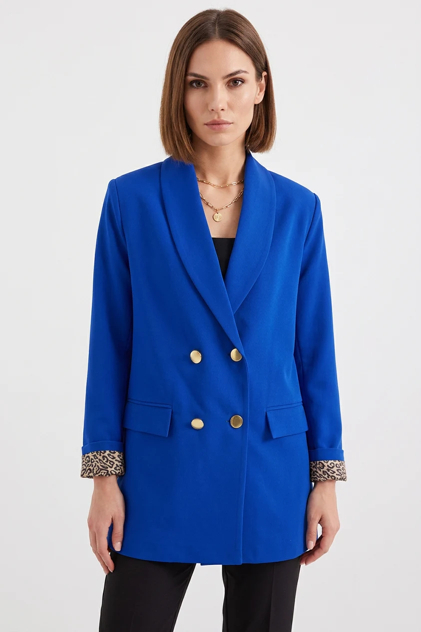  Kadın Blazer Yaka Leopar Desenli Kol Detayı Saks Ceket 