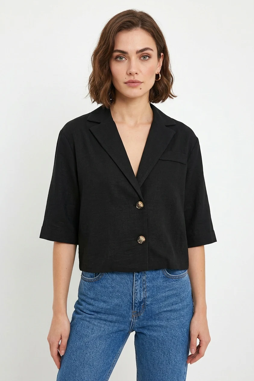  Kadın Klasik Yaka Crop Kısa Kol Oversize Düğmeli Keten Siyah Ceket 