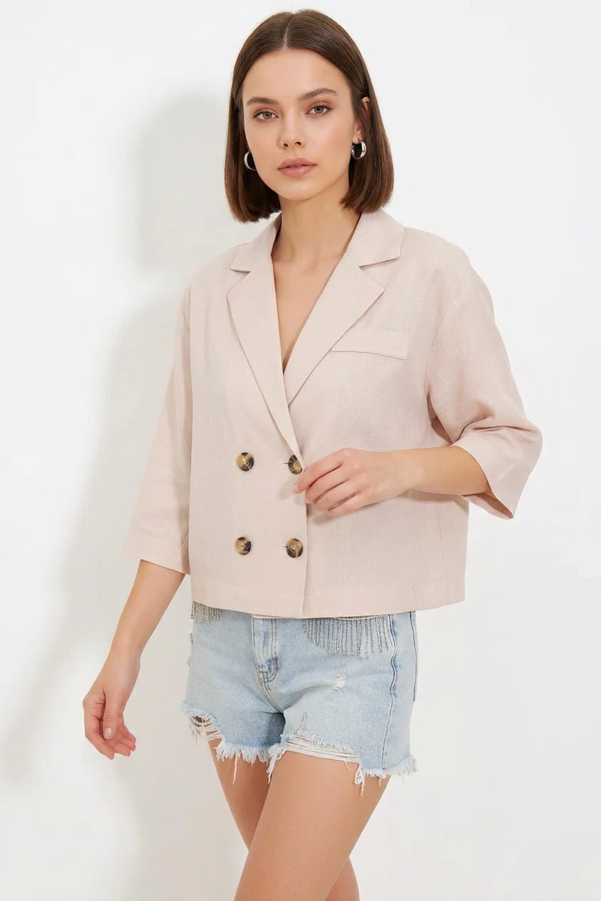 Kadın Klasik Yaka Çift Düğmeli Crop Oversize Keten Krem Ceket 