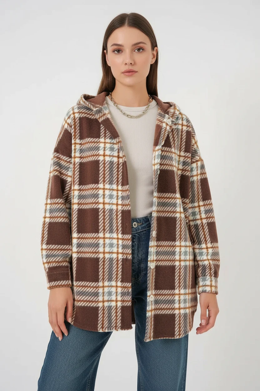  Kadın Kapüşonlu Oversize Kareli Desenli Kahverengi Gömlek 