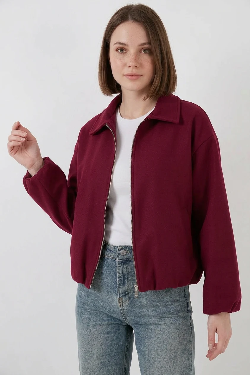  Kadın Gömlek Yaka Büzgülü Oversize Pamuklu Bordo Ceket 