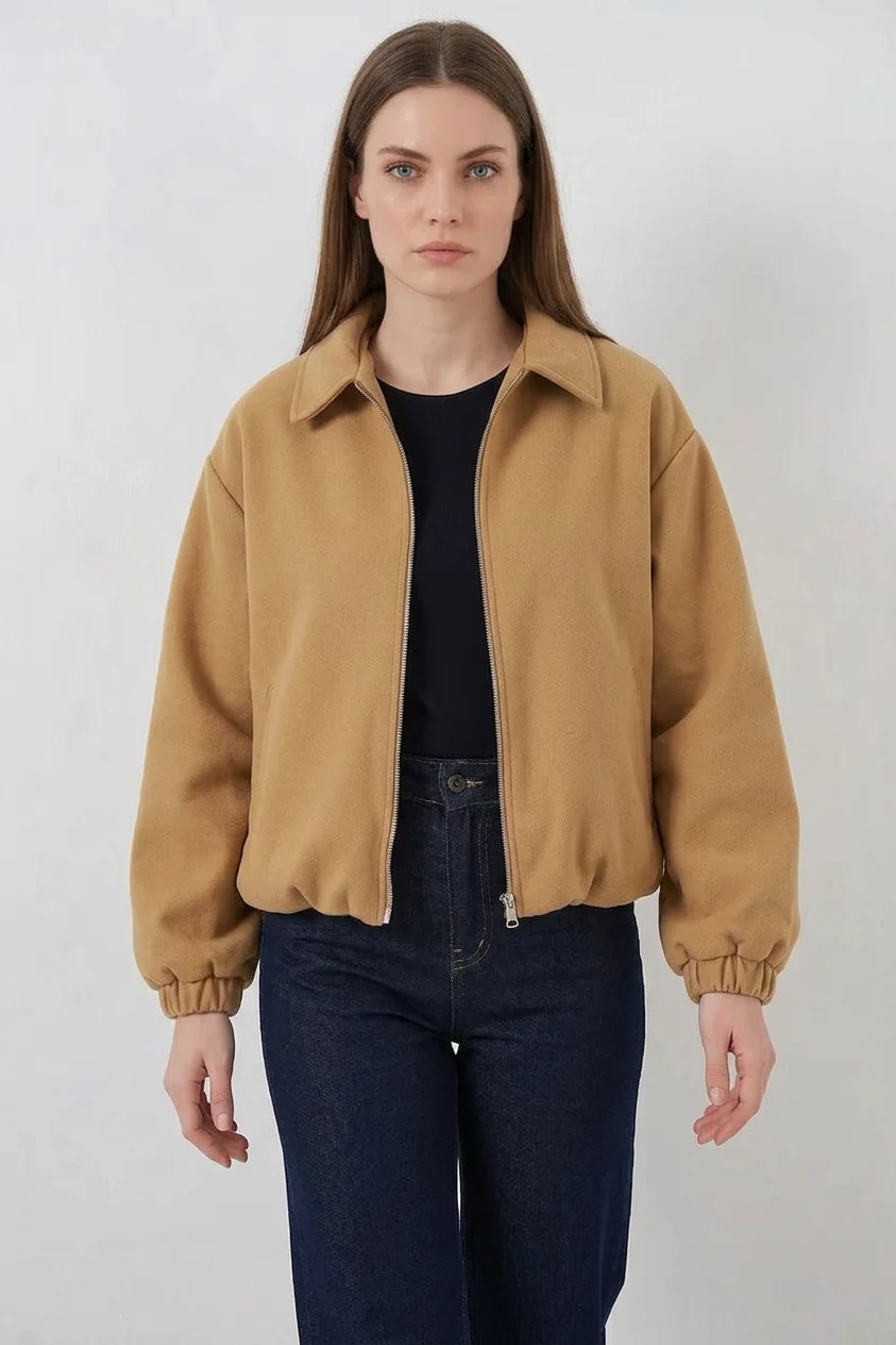  Kadın Gömlek Yaka Belden Büzgülü Oversize Pamuklu Hardal Ceket 
