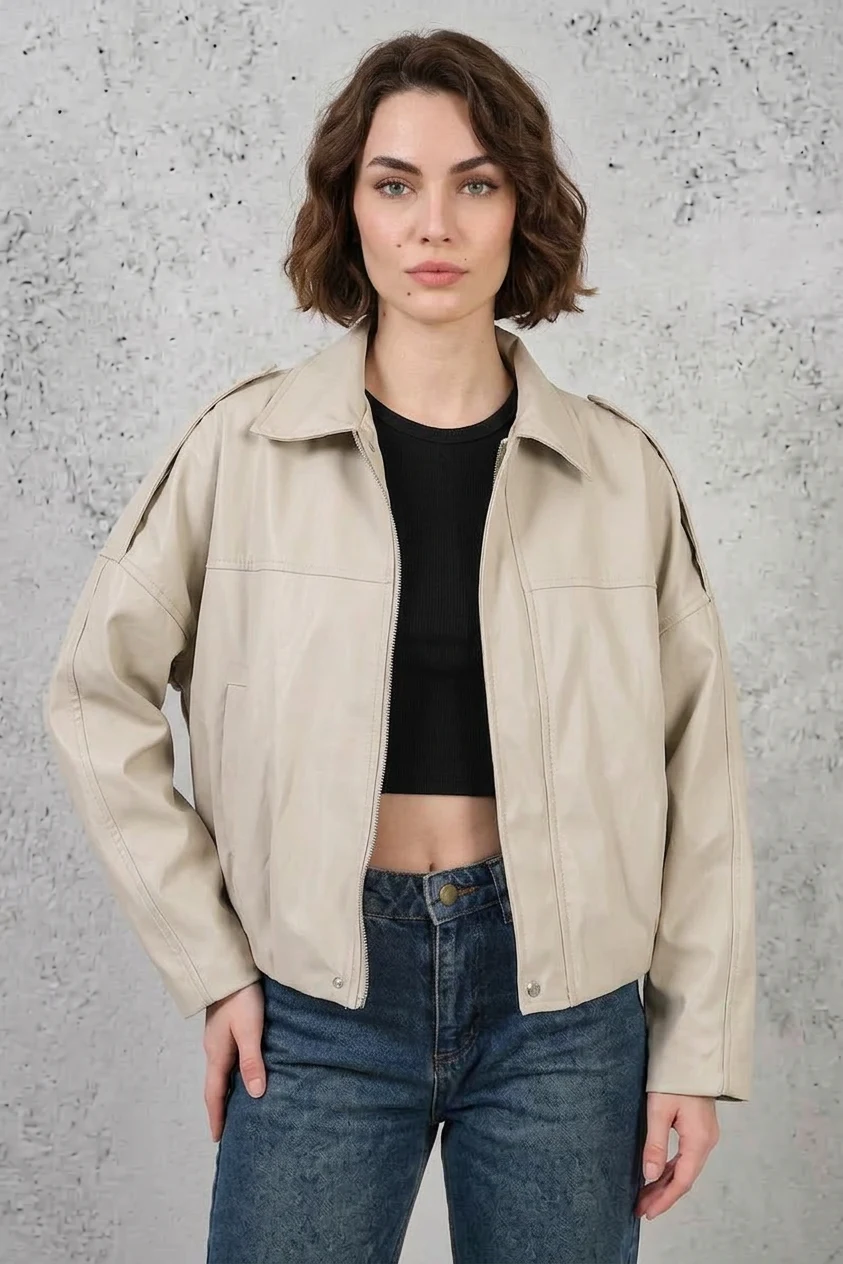  Kadın Gömlek Yaka Oversize Kesim Taş Ceket 