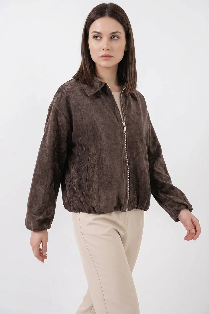  Kadın Klasik Yaka Normal Büzgülü Oversize Kadife Kahverengi Ceket 