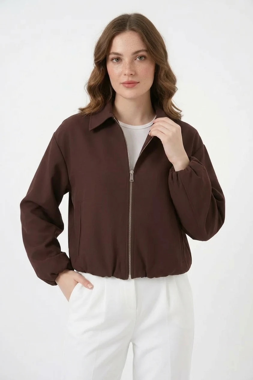 Kadın Gömlek Yaka Beli Büzgülü Fermuarlı Oversize Kahverengi Ceket 