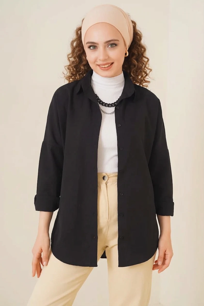  Kadın Oversize Kesim Basic Pamuklu Siyah Tesettür Gömlek 