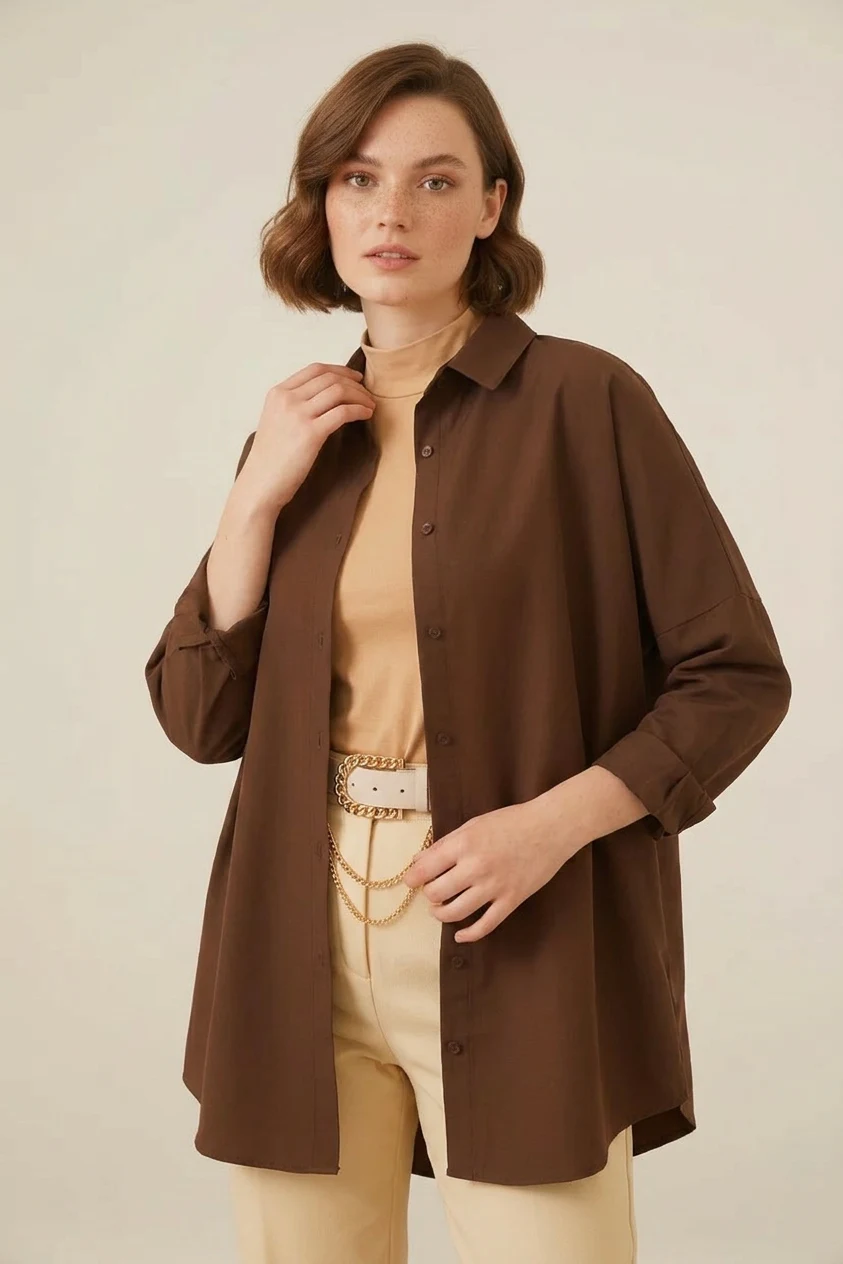  Kadın Oversize Kesim Basic Pamuklu Kahverengi Tesettür Gömlek 
