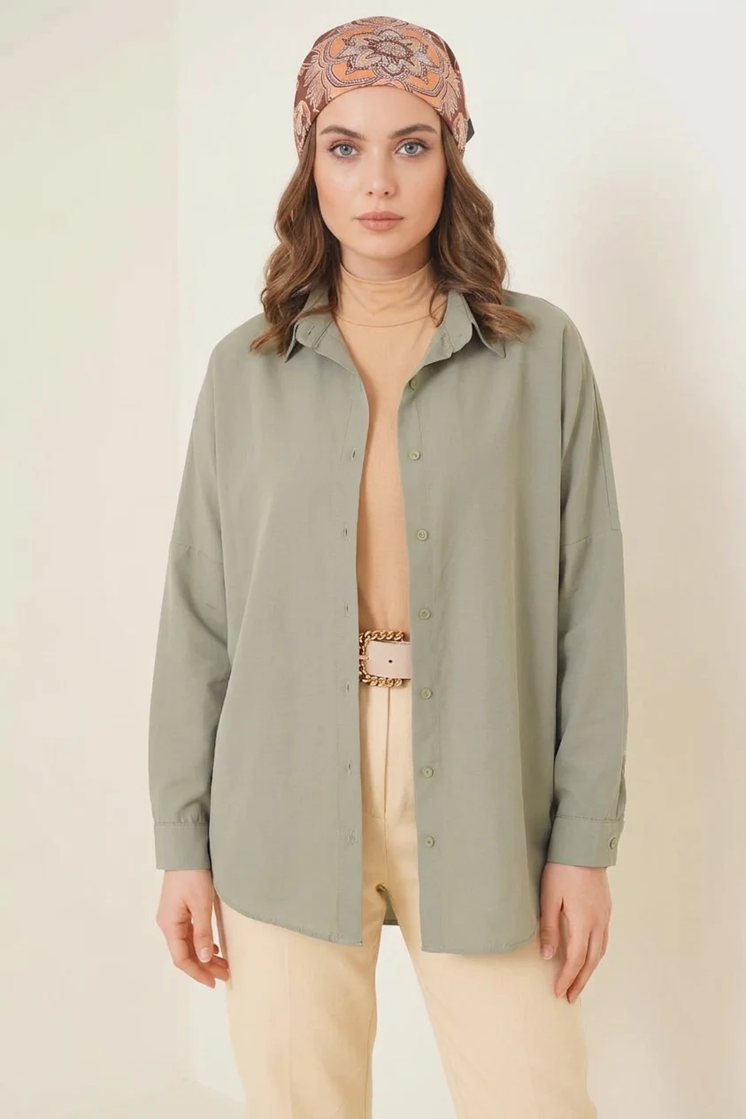  Kadın Rahat Kesim Basic Oversize Pamuklu Haki Tesettür Gömlek 