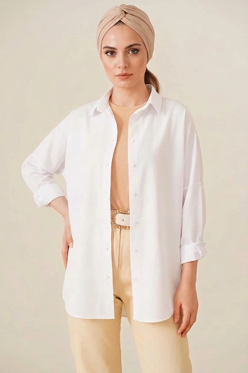  Kadın Oversize Basic Pamuklu Beyaz Tesettür Gömlek 