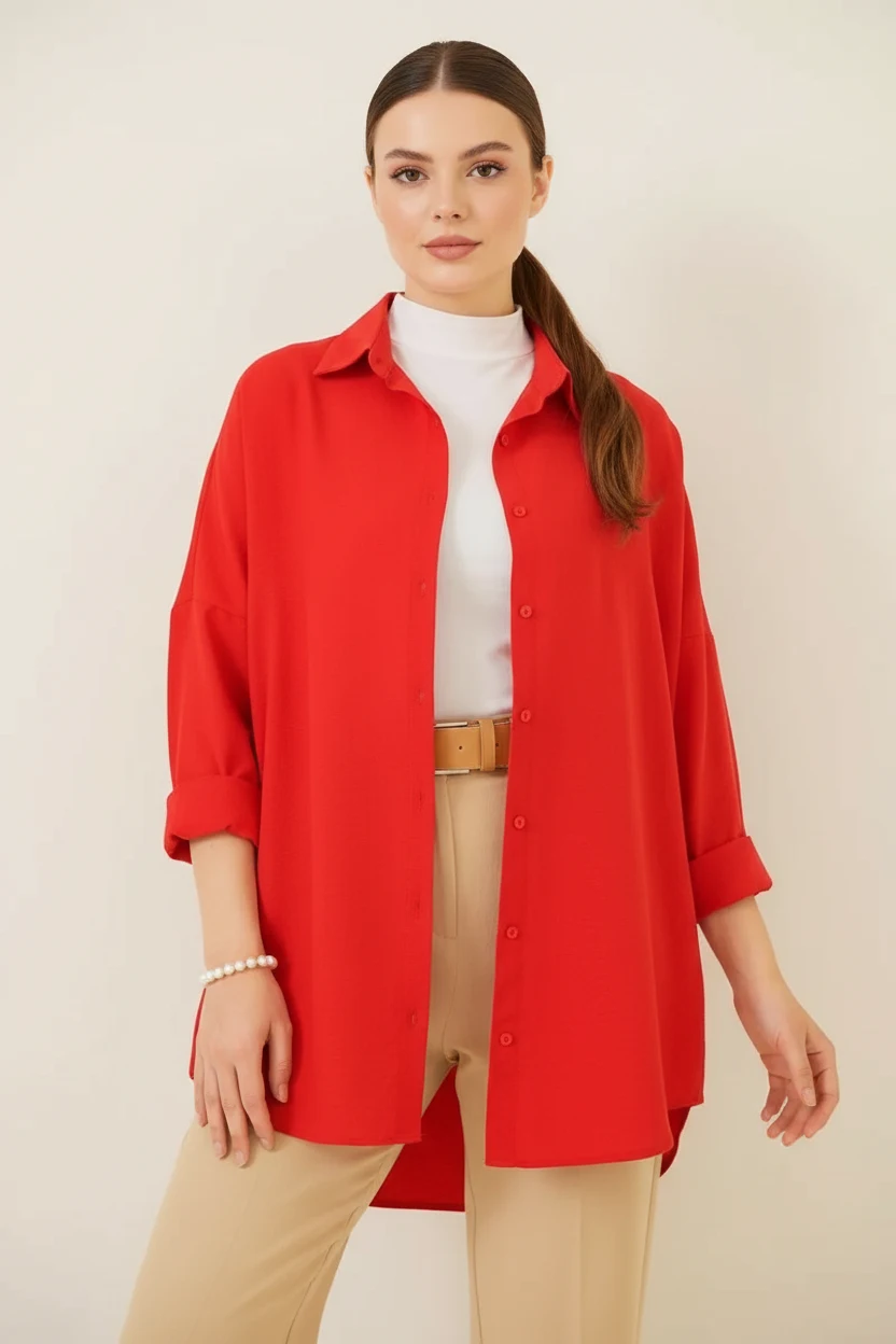 Kadın Oversize Kesim Basic Pamuklu Kırmızı Tesettür Gömlek 