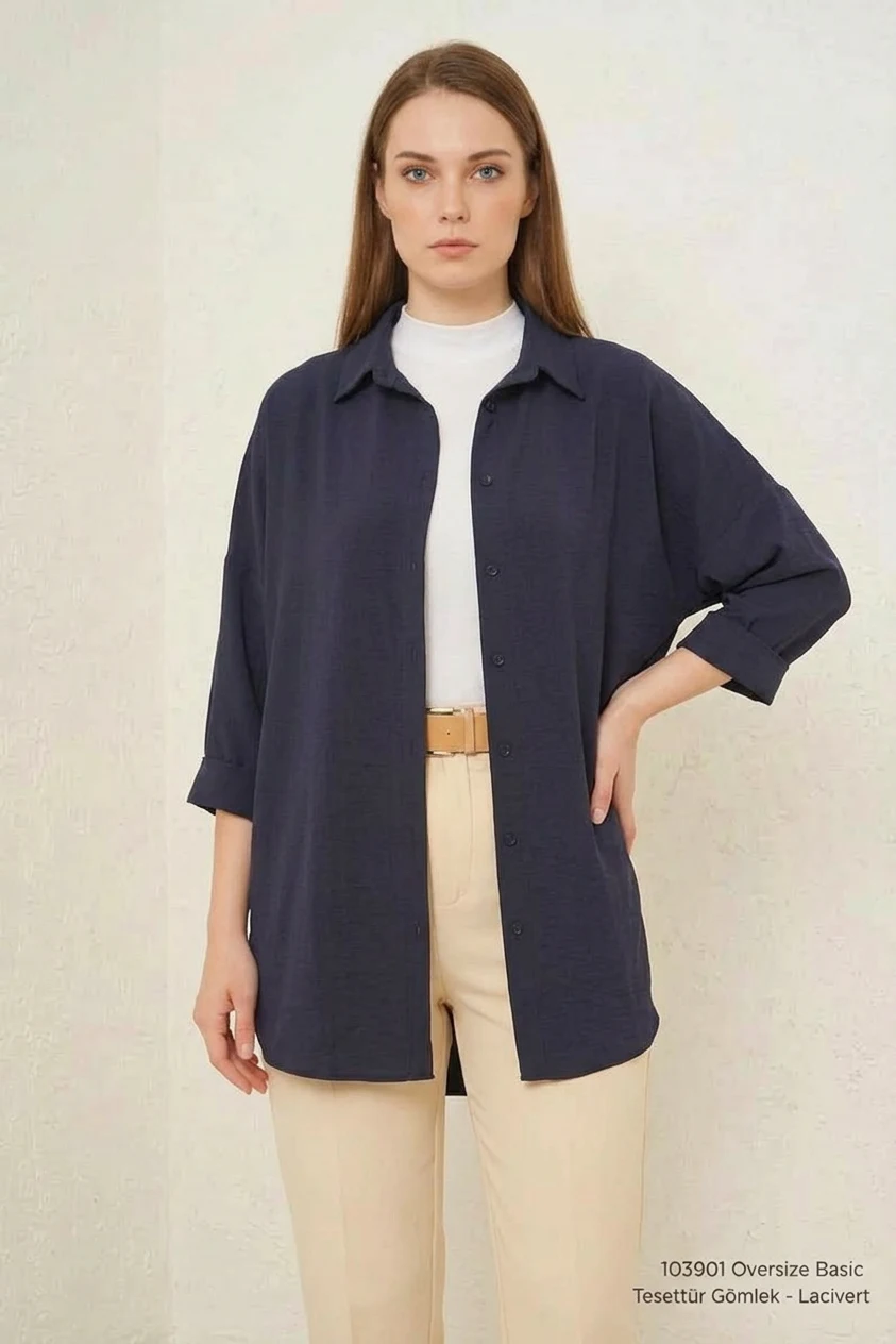  Kadın Oversize Kesim Basic Pamuklu Lacivert Tesettür Gömlek 