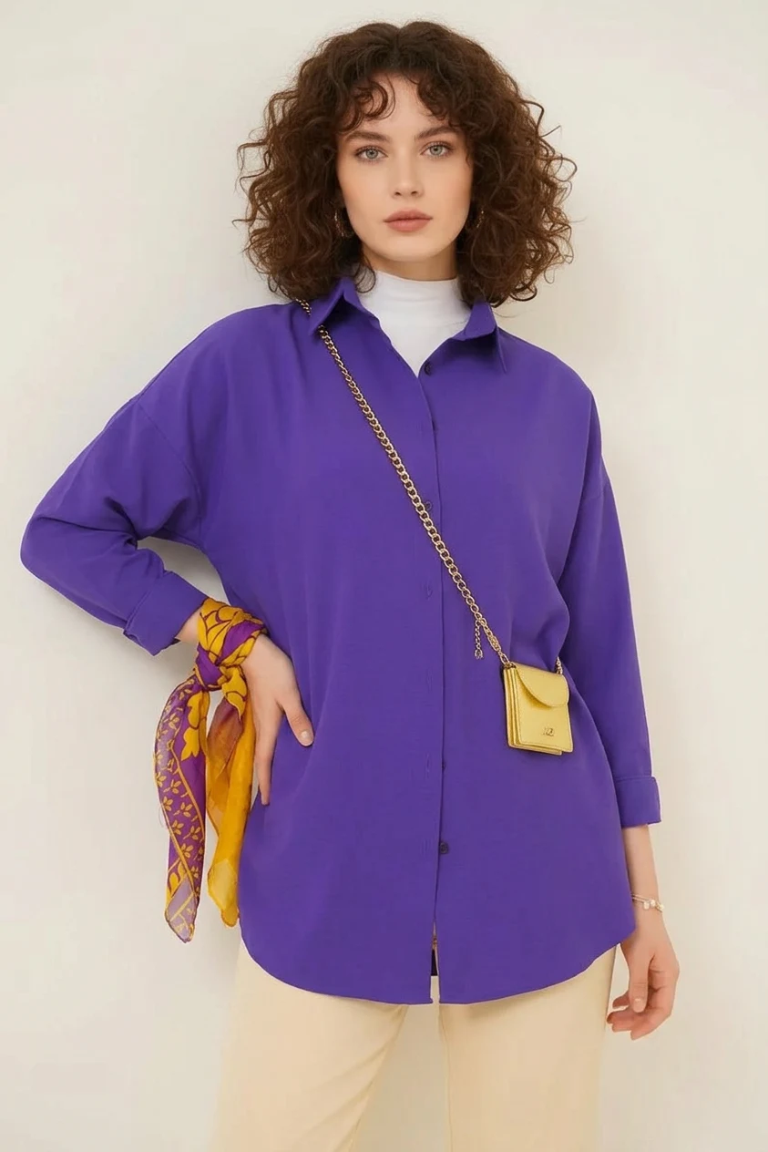  Kadın Oversize Kesim Basic Pamuklu Mor Tesettür Gömlek 