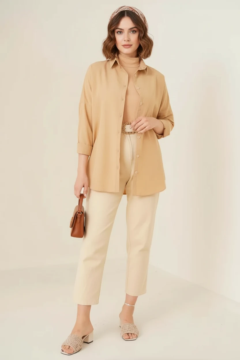  Kadın Oversize Kesim Basic Pamuklu Bej Tesettür Gömlek 
