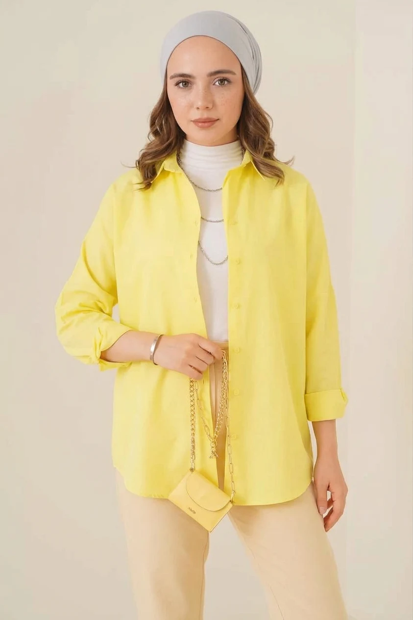  Kadın Oversize Basic Pamuklu Sarı Tesettür Gömlek 