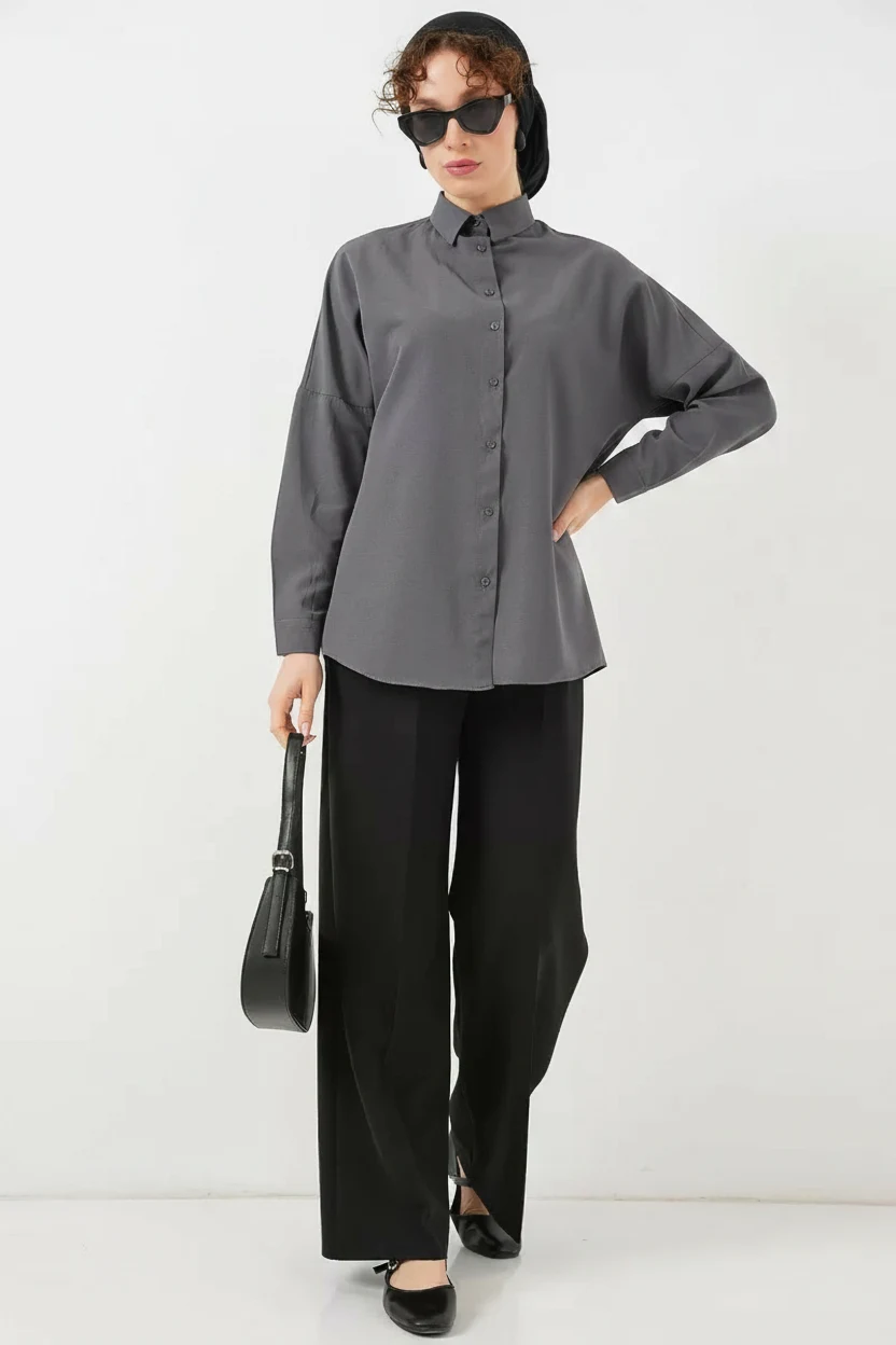  Kadın Oversize Basic Pamuklu Gri Tesettür Gömlek 