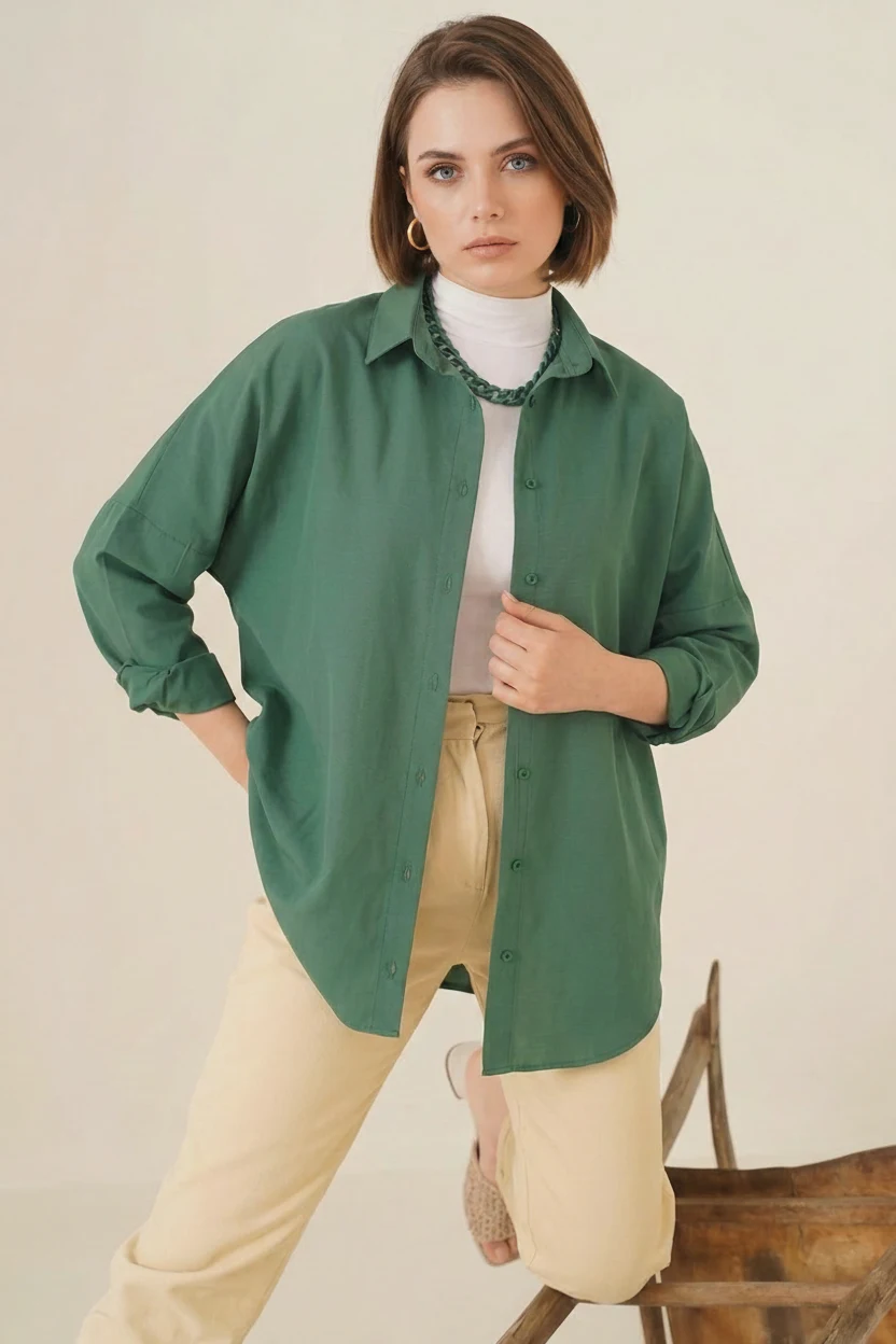  Kadın Oversize Kesim Basic Pamuklu Zümrüt Yeşili Tesettür Gömlek 
