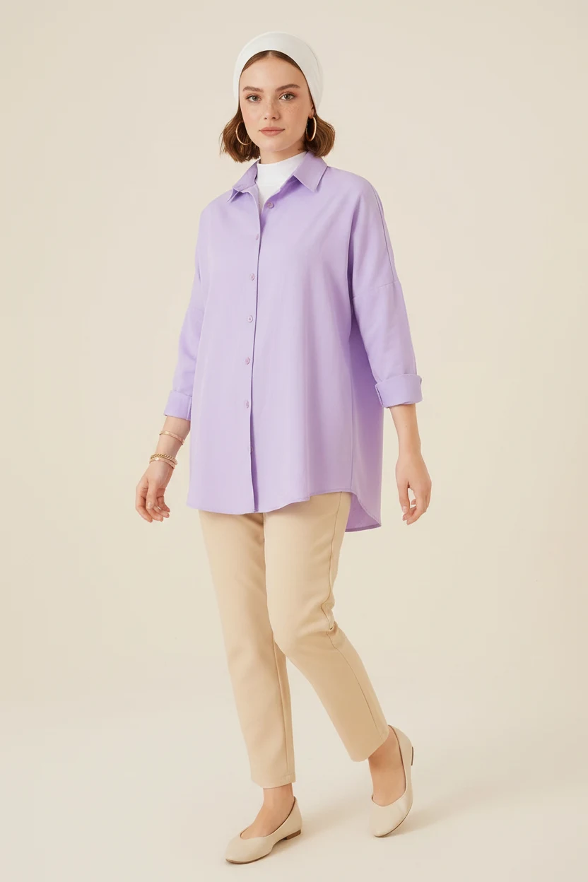  Kadın Oversize Kesim Basic Pamuklu Lila Tesettür Gömlek 