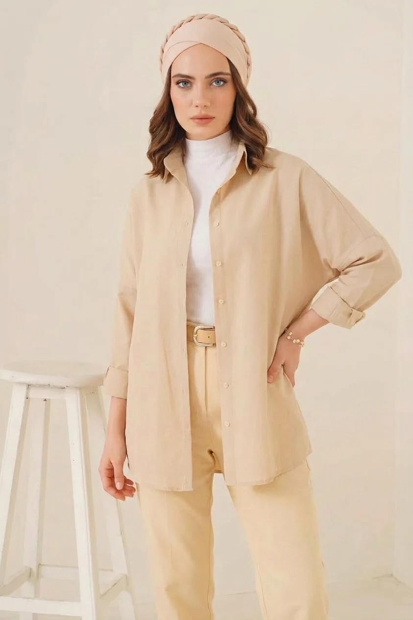  Kadın Oversize Basic Pamuklu Krem Tesettür Gömlek 