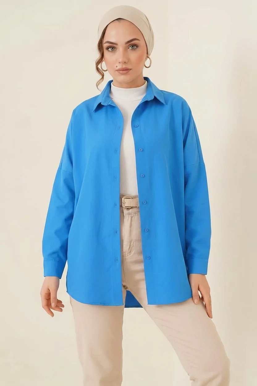  Kadın Rahat Kesim Basic Oversize Pamuklu Saks Tesettür Gömlek 