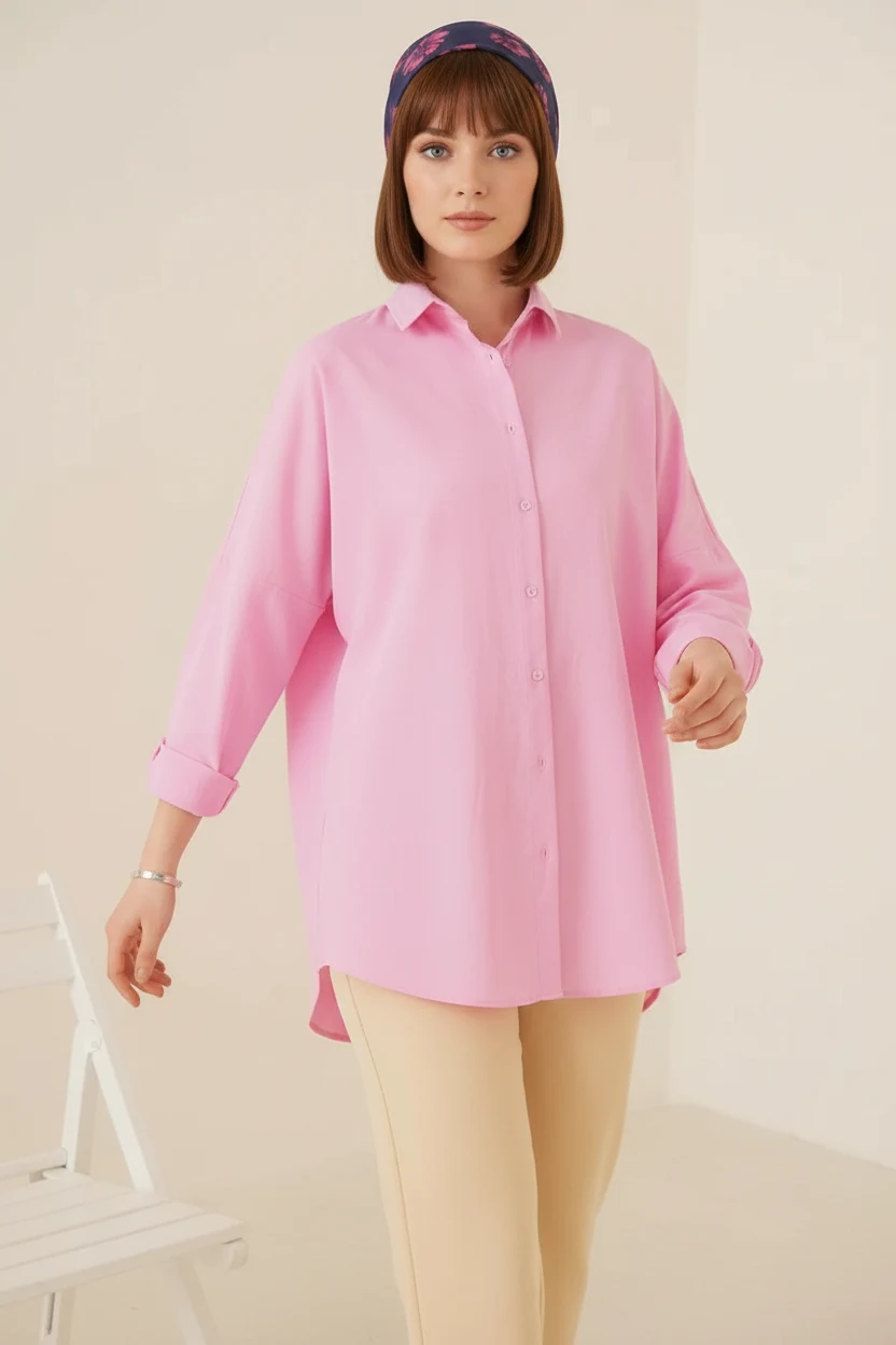  Kadın Oversize Kesim Basic Pamuklu Pembe Tesettür Gömlek 