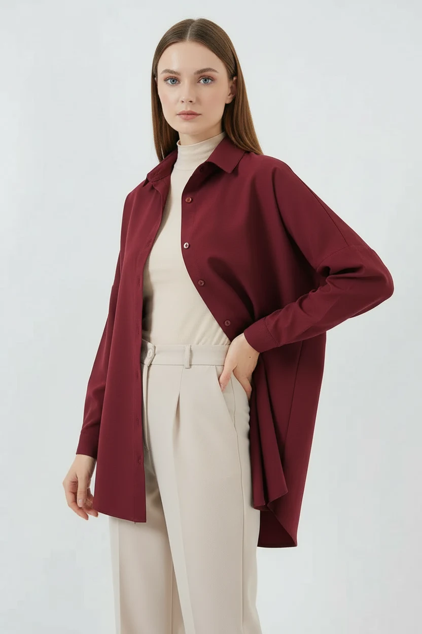  Kadın Basic Oversize Pamuklu Mürdüm Tesettür Gömlek 