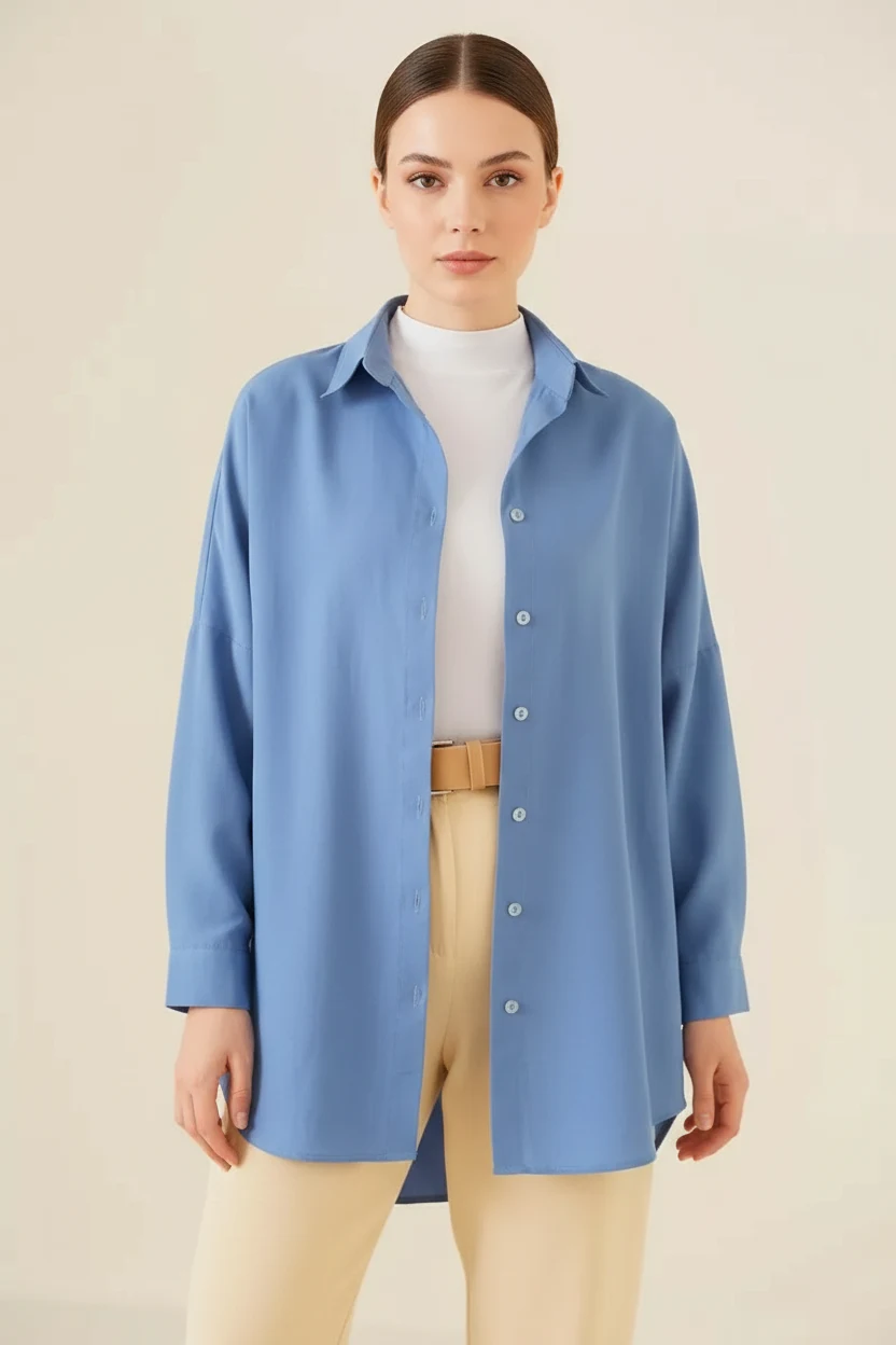  Kadın Oversize Basic Pamuklu İndigo Tesettür Gömlek 