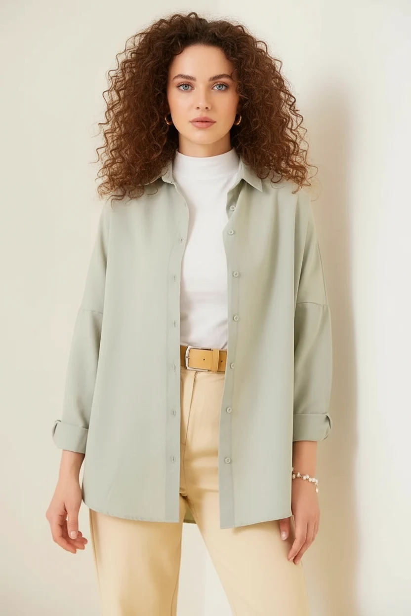  Kadın Oversize Basic Pamuklu Açık Haki Tesettür Gömlek 