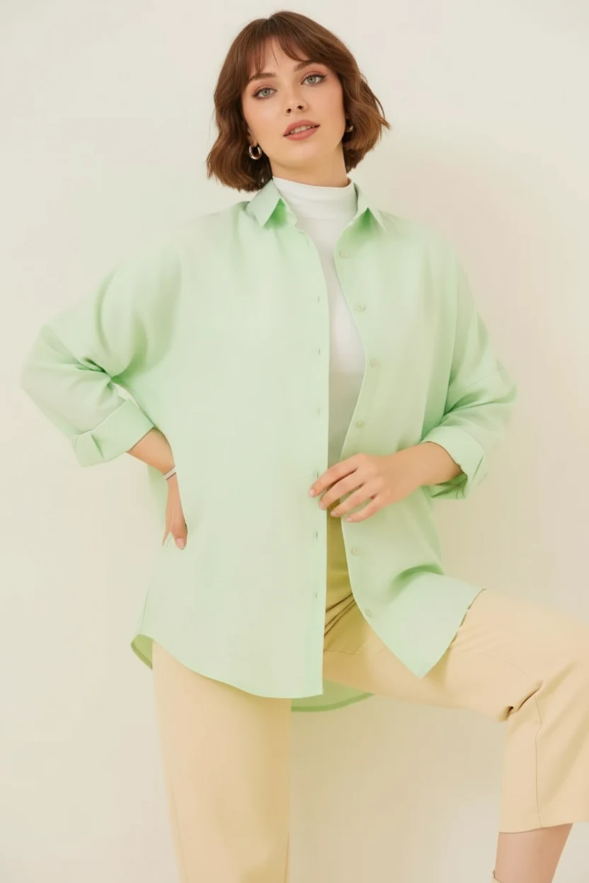  Kadın Oversize Kesim Basic Pamuklu Çağla Yeşili Tesettür Gömlek 