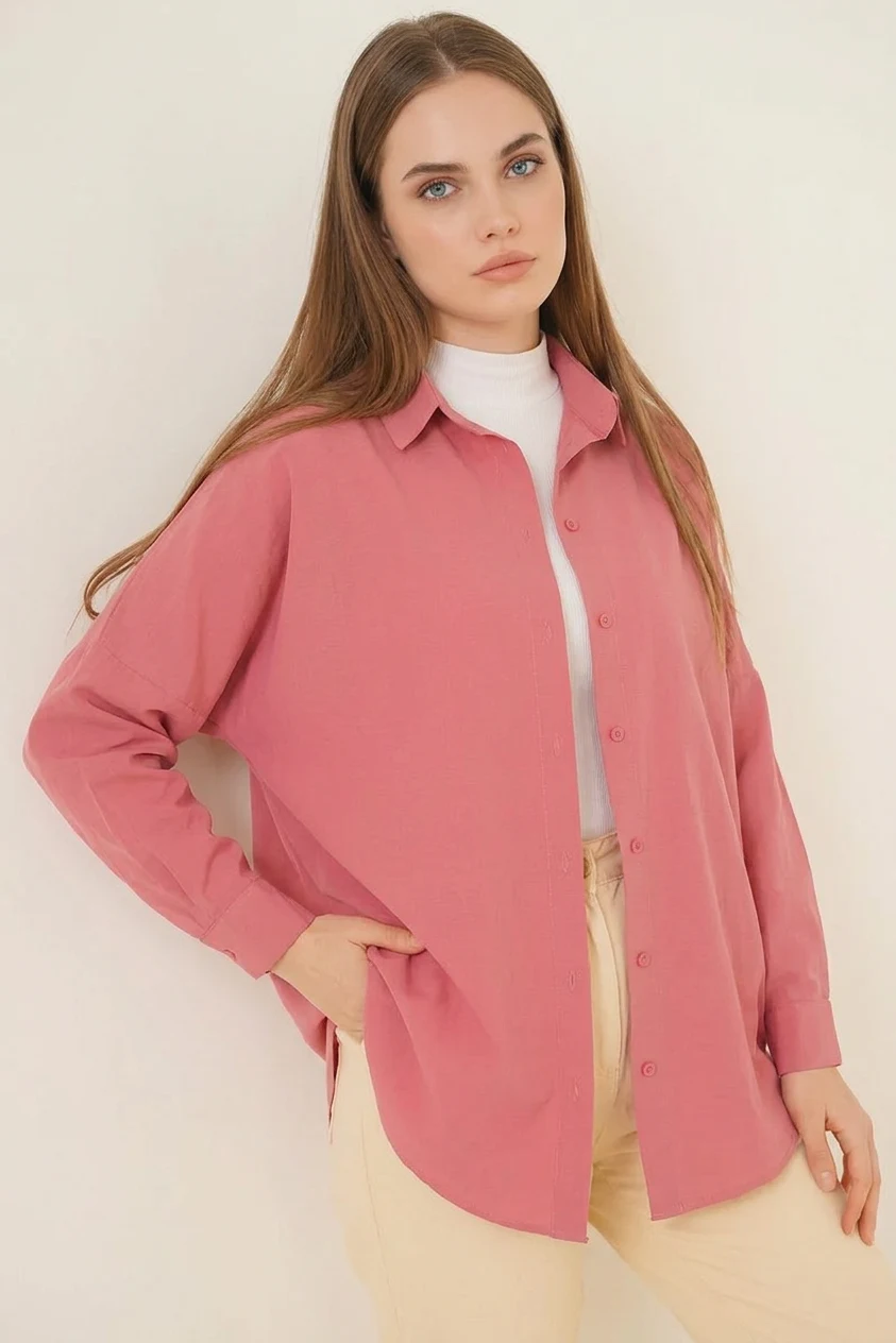 Kadın Basic Oversize Pamuklu Gül Kurusu Tesettür Gömlek 