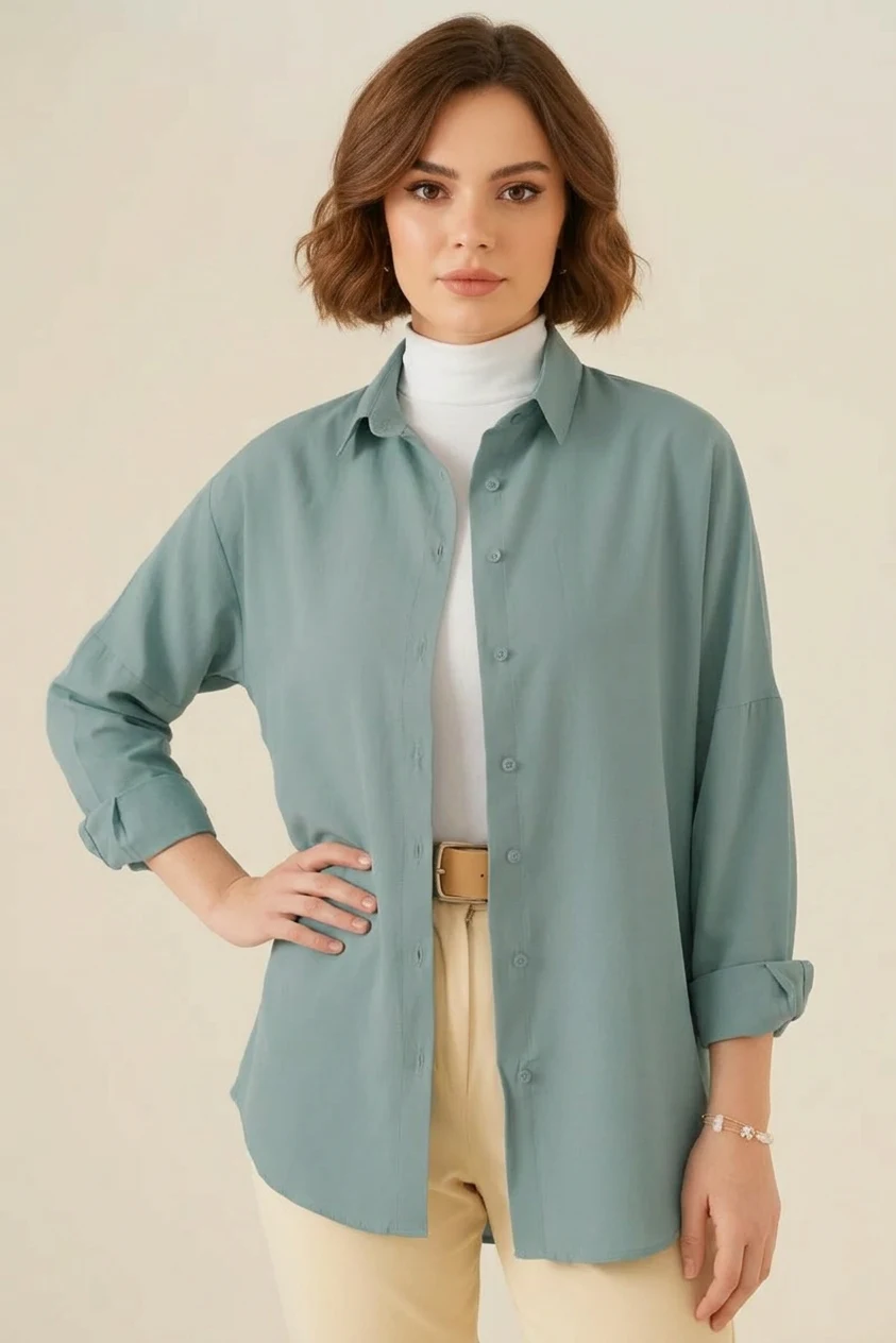  Kadın Oversize Basic Pamuklu Su Yeşili Tesettür Gömlek 