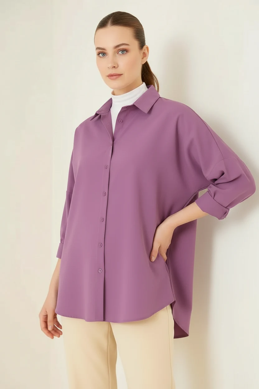  Kadın Oversize Basic Pamuklu Koyu Lila Tesettür Gömlek 
