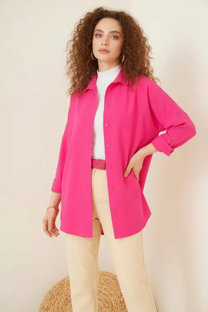  Kadın Oversize Kesim Basic Pamuklu Koyu Pembe Tesettür Gömlek 