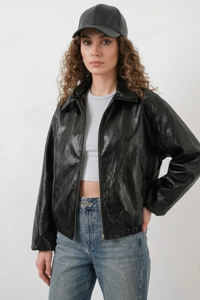  Kadın Klasik Yaka Oversize Siyah Ceket 