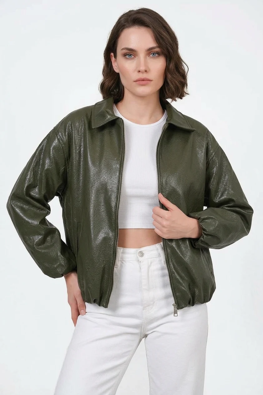  Kadın Klasik Yaka Oversize Haki Ceket 