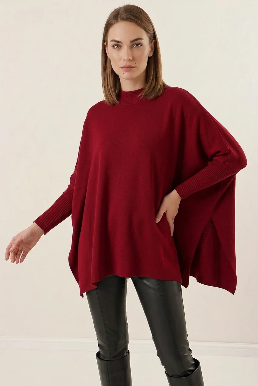  Kadın Balıkçı Yaka Yandan Yırtmaçlı Oversize Triko Bordo Panço Kazak 