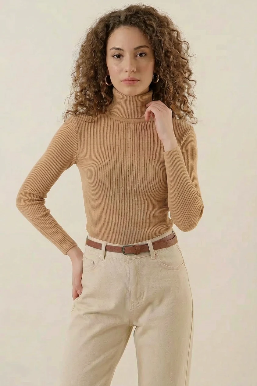  Kadın Balıkçı Yaka Fitilli Triko Bej Kazak 