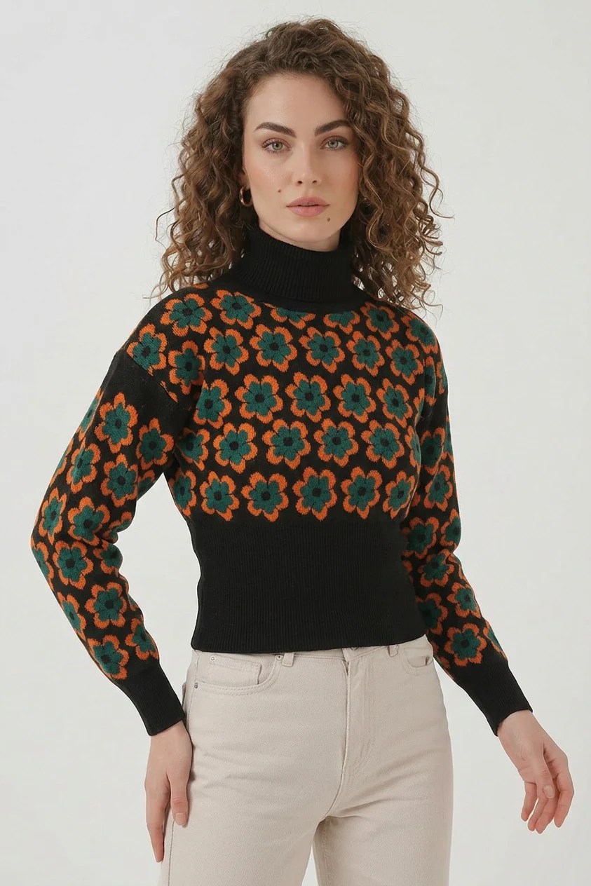  Kadın Boğazlı Crop Çiçek Desenli Oranje Kazak 