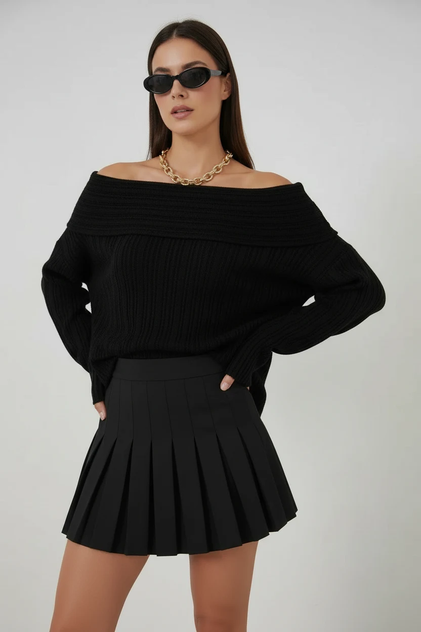  Kadın Oversize Açık Omuz Triko Siyah Kazak 