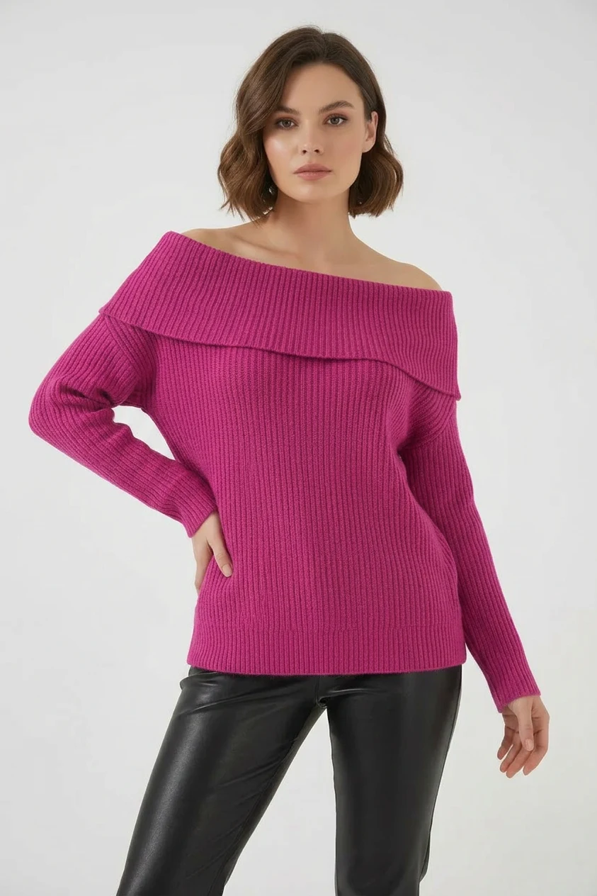  Kadın Kayık Yaka Açık Omuz Oversize Triko Koyu Pembe Kazak 