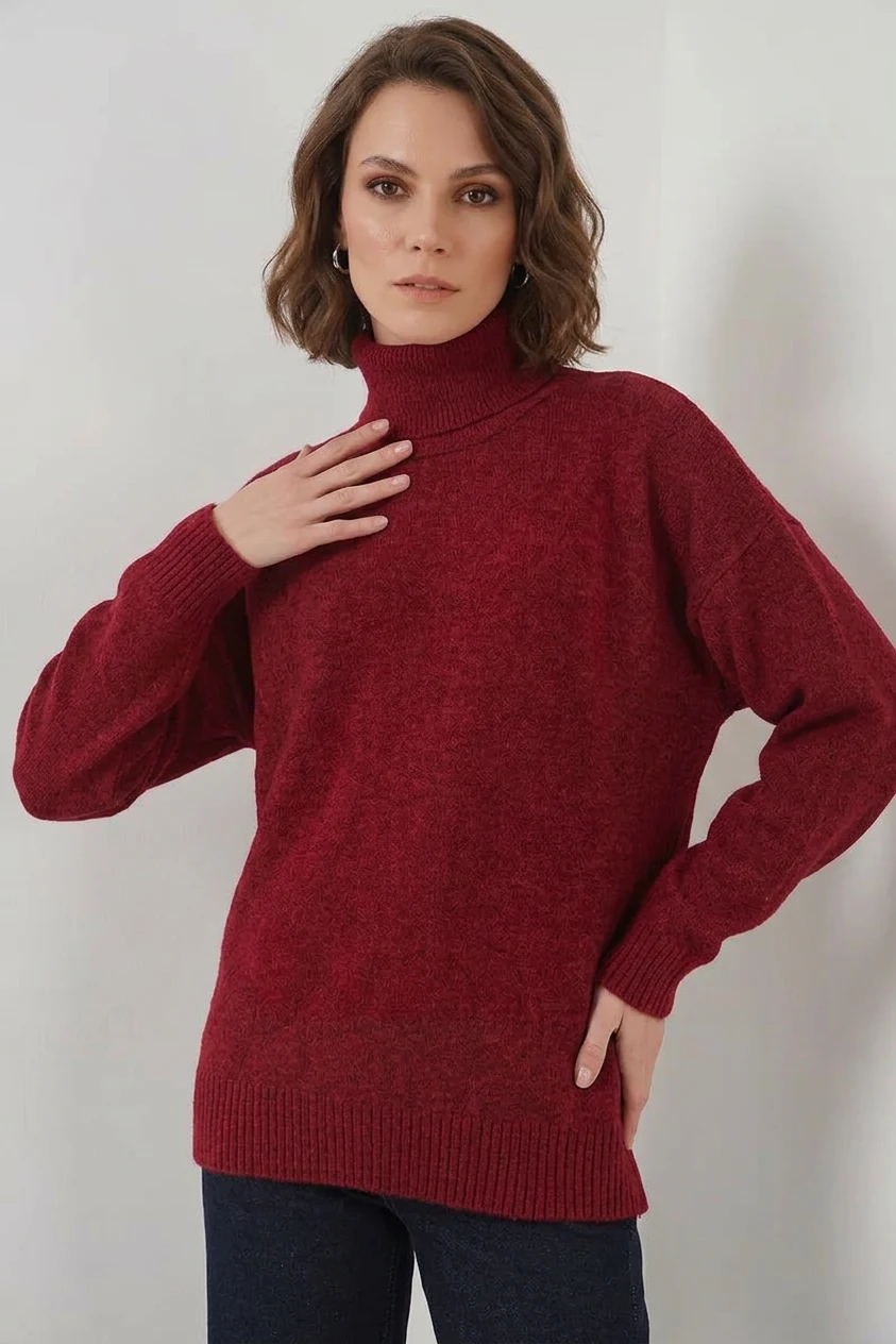  Kadın Balıkçı Yaka Oversize Kesim Triko Kırmızı Kazak 
