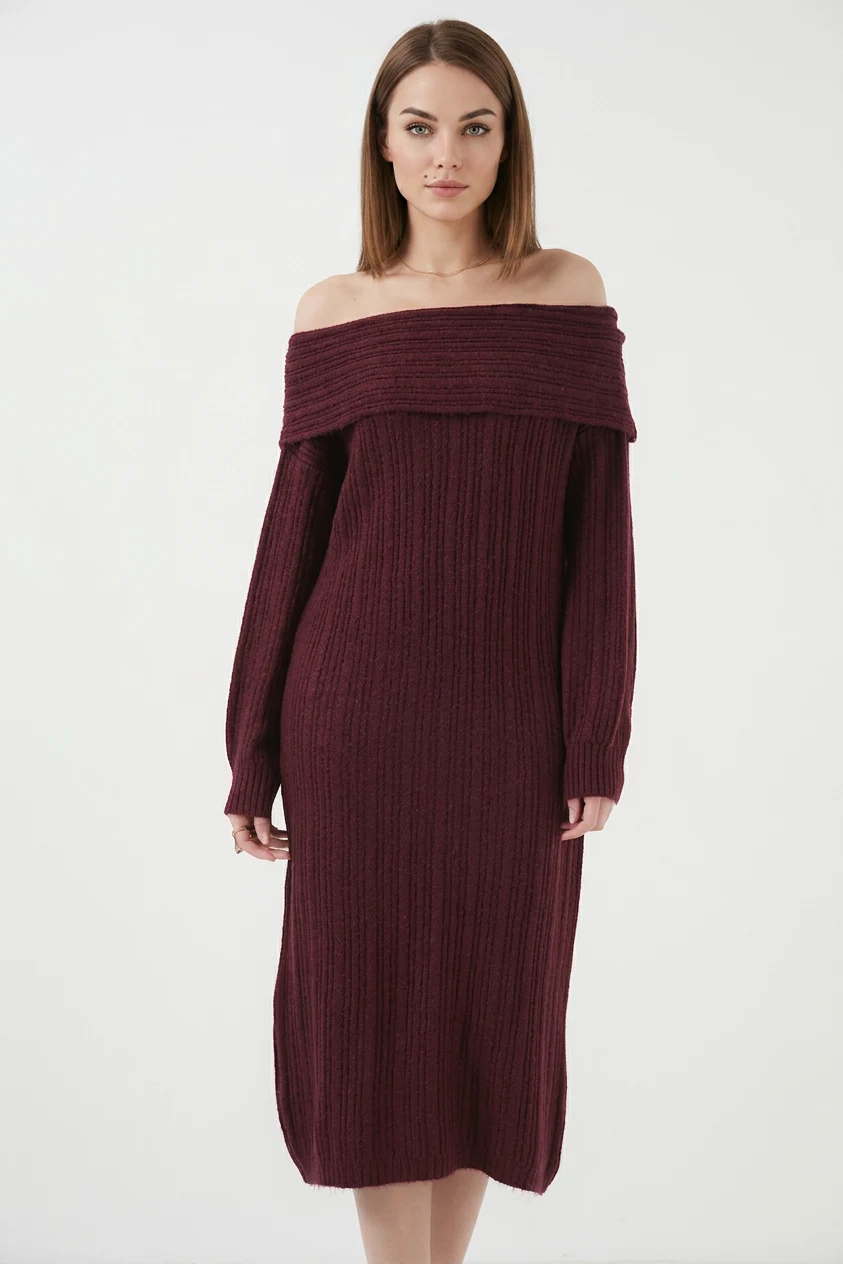  Kadın Madonna Yaka Oversize Triko Bordo Elbise 