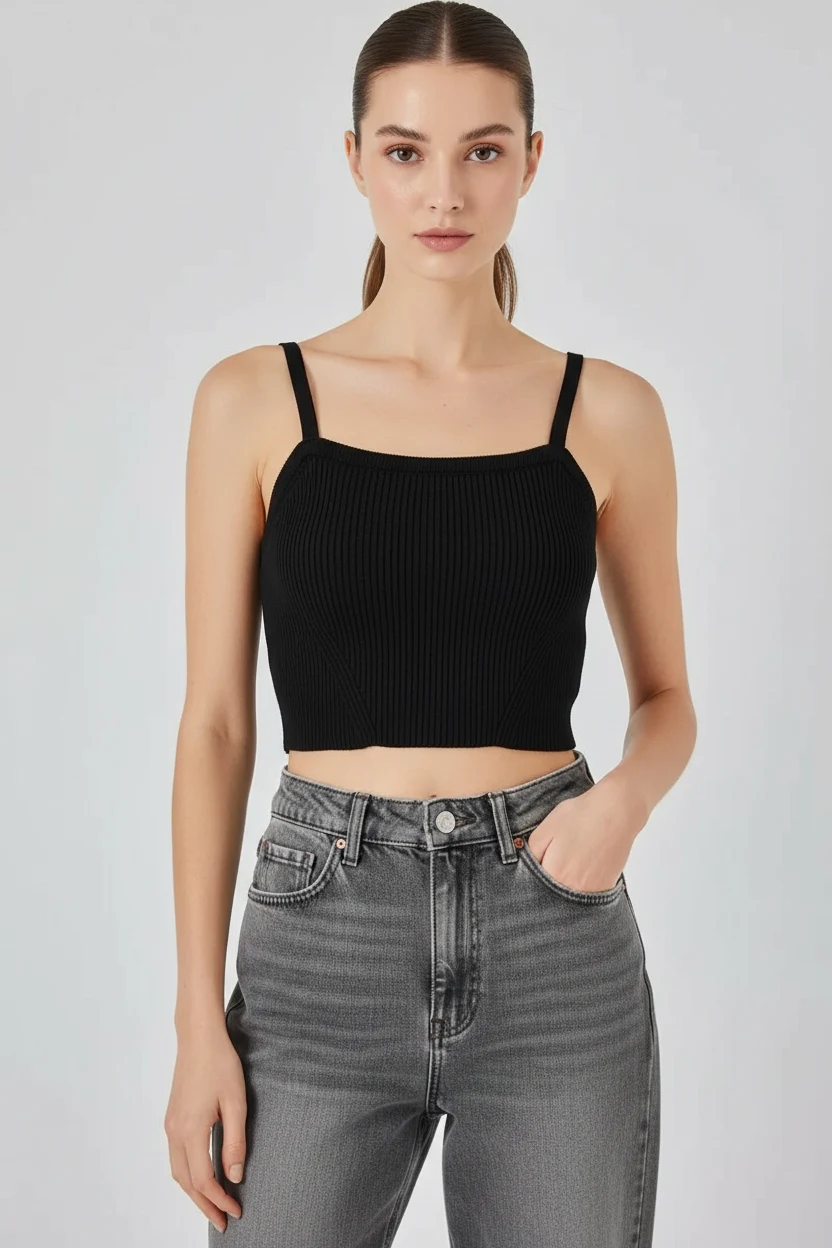  Kadın Kare Yaka Crop Askılı Siyah Bluz 
