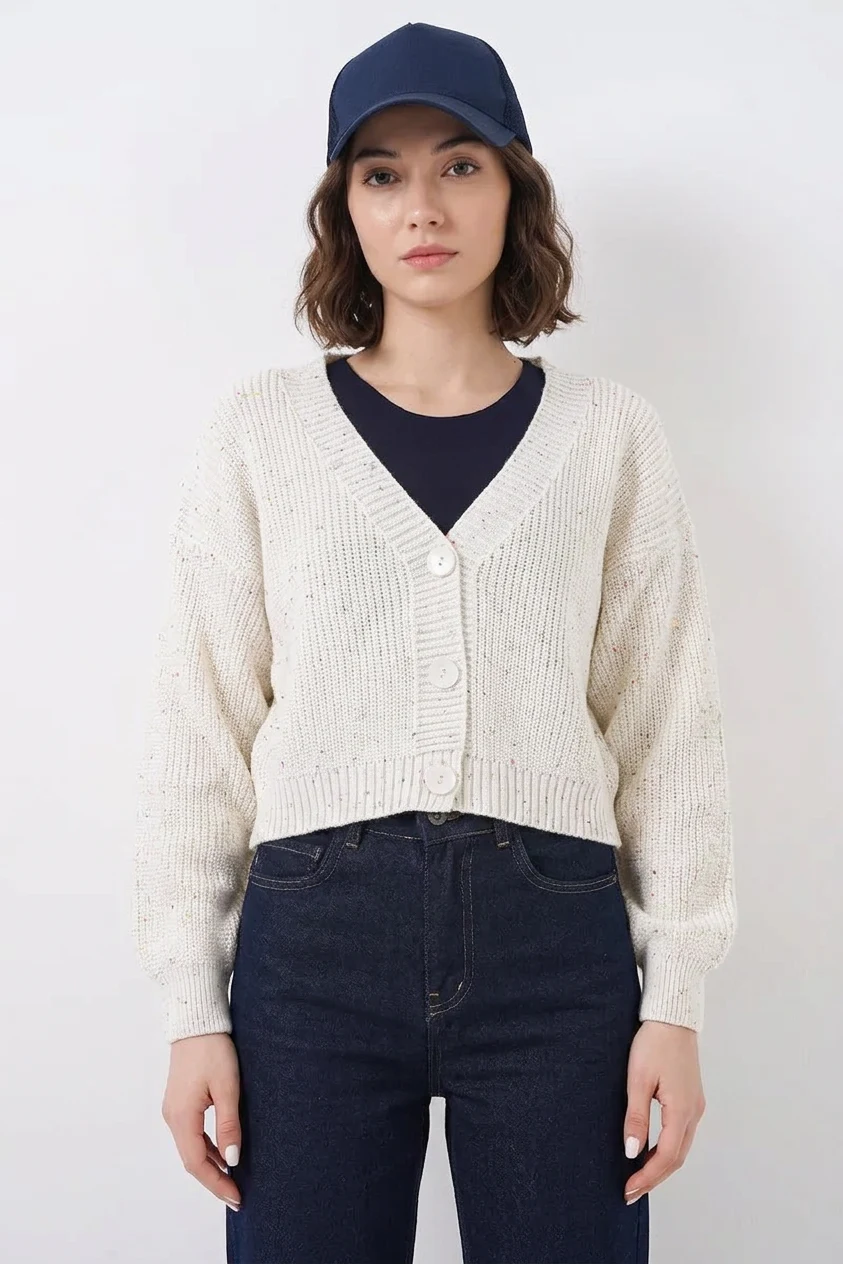  Kadın V Yaka Crop Renkli İplik Detaylı Triko Ekru Hırka 