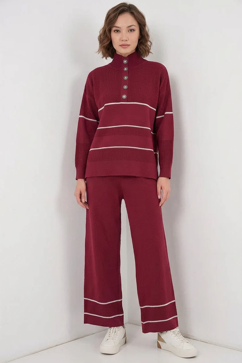  Kadın Yüksek Yaka Oversize Çizgili Triko Bordo İkili Takım 